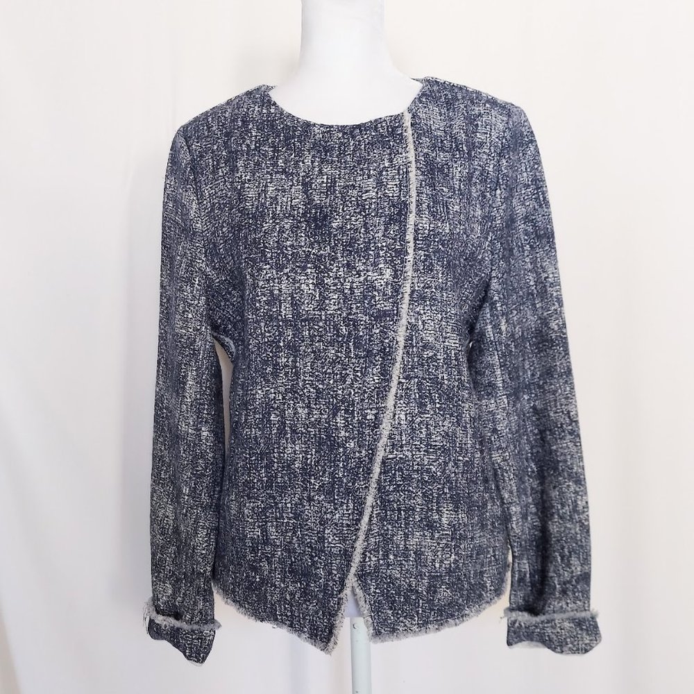 Ecru Basic Tweed Fringe Trim Blazer Blue Size Medium